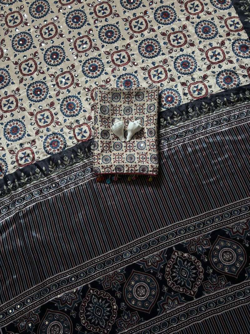 Beige Ajrakh Print Satin Saree with Mirror Work