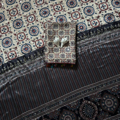 Beige Ajrakh Print Satin Saree with Mirror Work