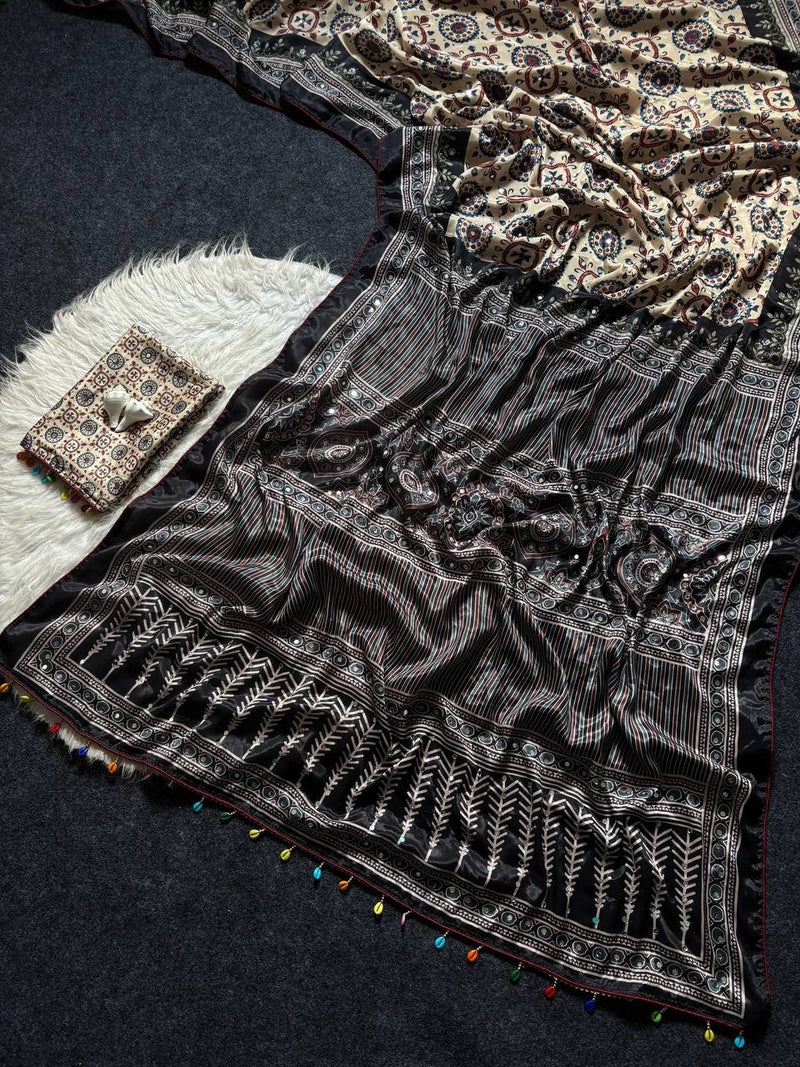 Beige Ajrakh Print Satin Saree with Mirror Work