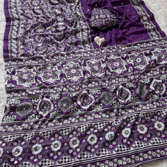Royal Purple Semi Model Silk Saree with Ajrakh Print & Real Mirror Work