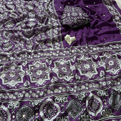 Royal Purple Semi Model Silk Saree with Ajrakh Print & Real Mirror Work