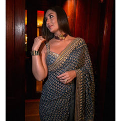 Traditional Navy Ajrakh Saree with Contemporary Mirror Detailing