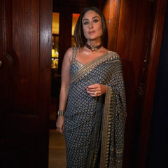 Traditional Navy Ajrakh Saree with Contemporary Mirror Detailing