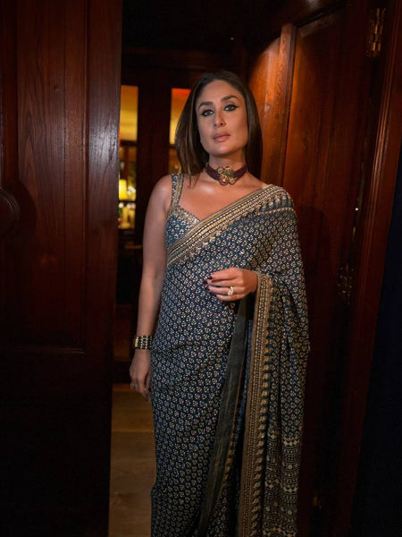 Traditional Navy Ajrakh Saree with Contemporary Mirror Detailing