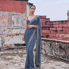 Indigo Blue Soft Fox Georgette Saree with Real Mirror & Katdana Work