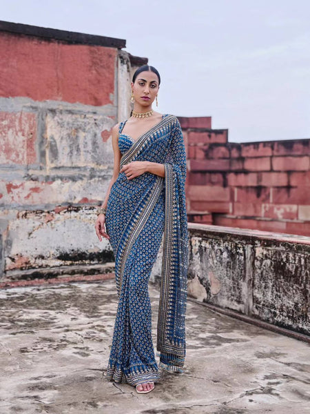Indigo Blue Soft Fox Georgette Saree with Real Mirror & Katdana Work