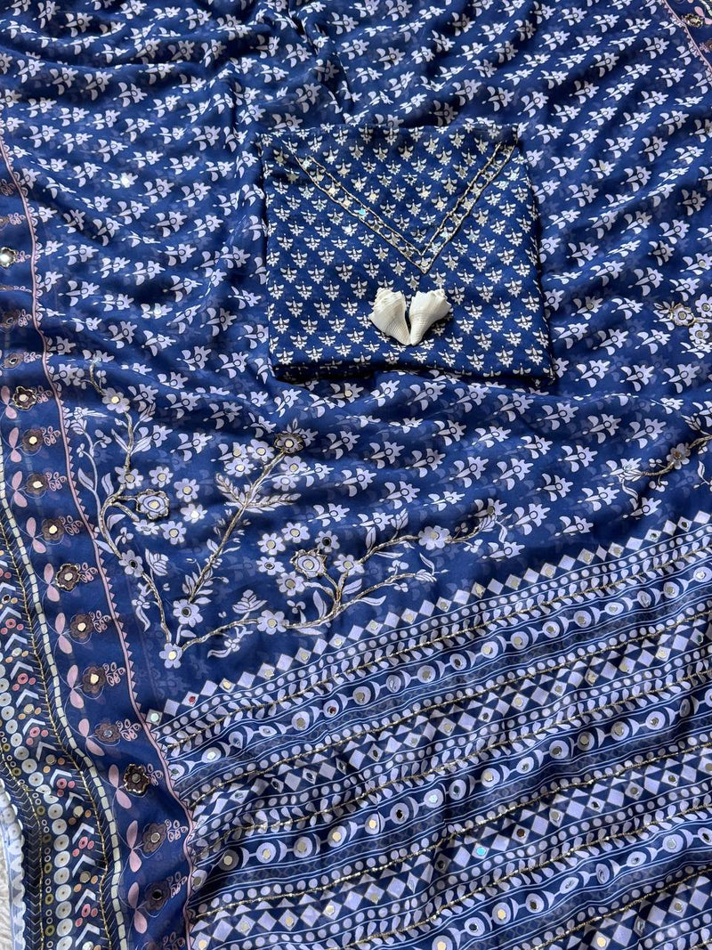 Traditional Navy Ajrakh Saree with Contemporary Mirror Detailing