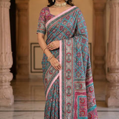 Elegant Roman Silk Ajarakh Print Saree with Real Mirror Work & Kodi Latkan