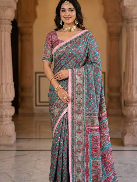 Elegant Roman Silk Ajarakh Print Saree with Real Mirror Work & Kodi Latkan