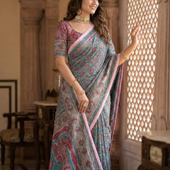 Elegant Roman Silk Ajarakh Print Saree with Real Mirror Work & Kodi Latkan