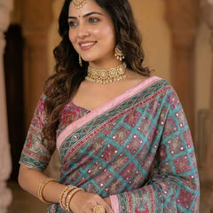 Elegant Roman Silk Ajarakh Print Saree with Real Mirror Work & Kodi Latkan
