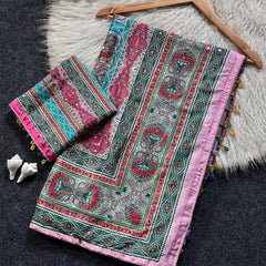 Elegant Roman Silk Ajarakh Print Saree with Real Mirror Work & Kodi Latkan