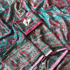 Elegant Roman Silk Ajarakh Print Saree with Real Mirror Work & Kodi Latkan