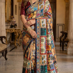 Royal Poster Rajwadi Print Soft Roman Silk Saree with Real Mirror Work & Fandu Kodi Latkan