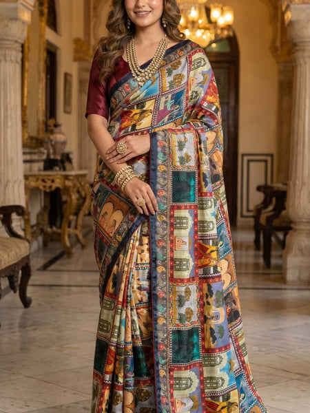Royal Poster Rajwadi Print Soft Roman Silk Saree with Real Mirror Work & Fandu Kodi Latkan