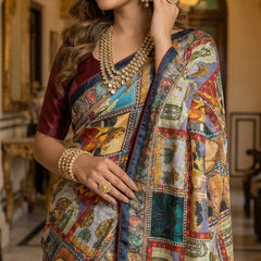 Royal Poster Rajwadi Print Soft Roman Silk Saree with Real Mirror Work & Fandu Kodi Latkan