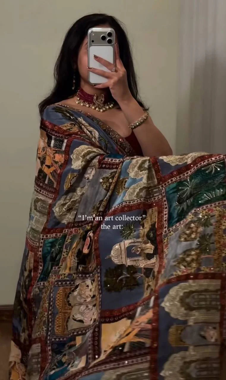 Royal Poster Rajwadi Print Soft Roman Silk Saree with Real Mirror Work & Fandu Kodi Latkan