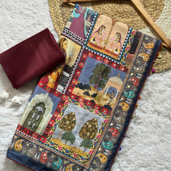 Royal Poster Rajwadi Print Soft Roman Silk Saree with Real Mirror Work & Fandu Kodi Latkan