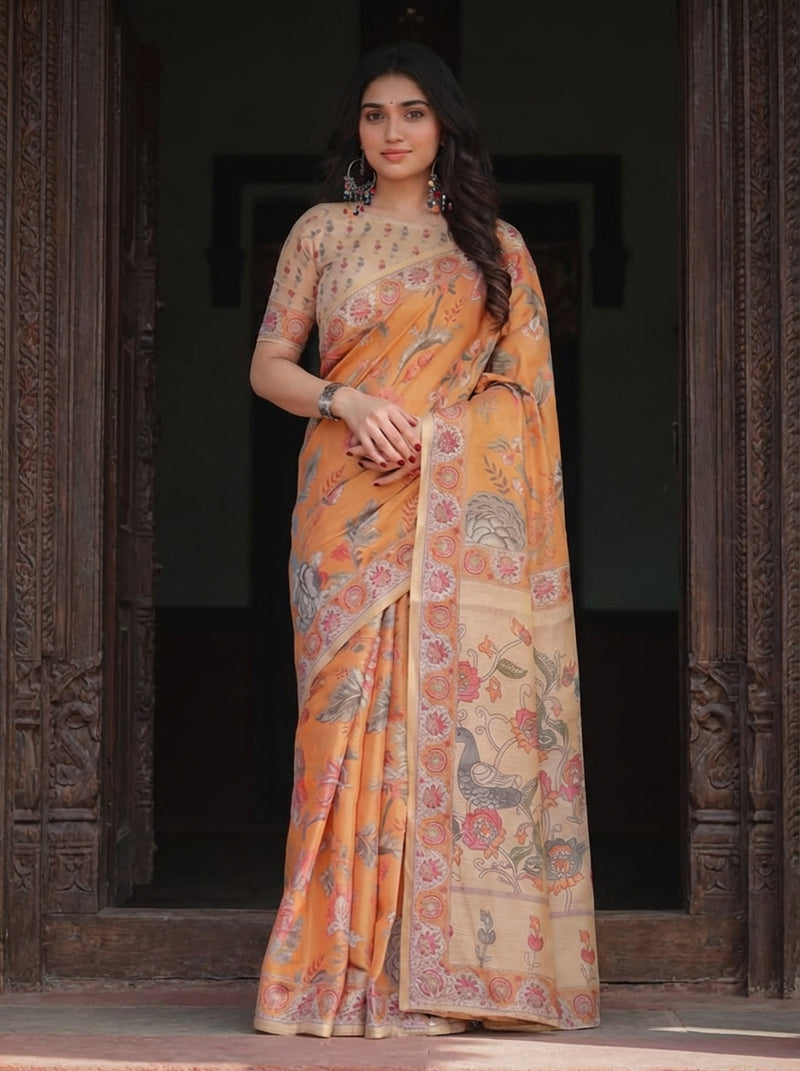 Sunny Mustard with Floral Motifs Linen Cotton Handloom Printed Saree, Delicate Borders, and Tassels