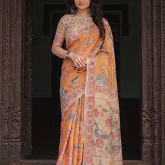 Sunny Mustard with Floral Motifs Linen Cotton Handloom Printed Saree, Delicate Borders, and Tassels