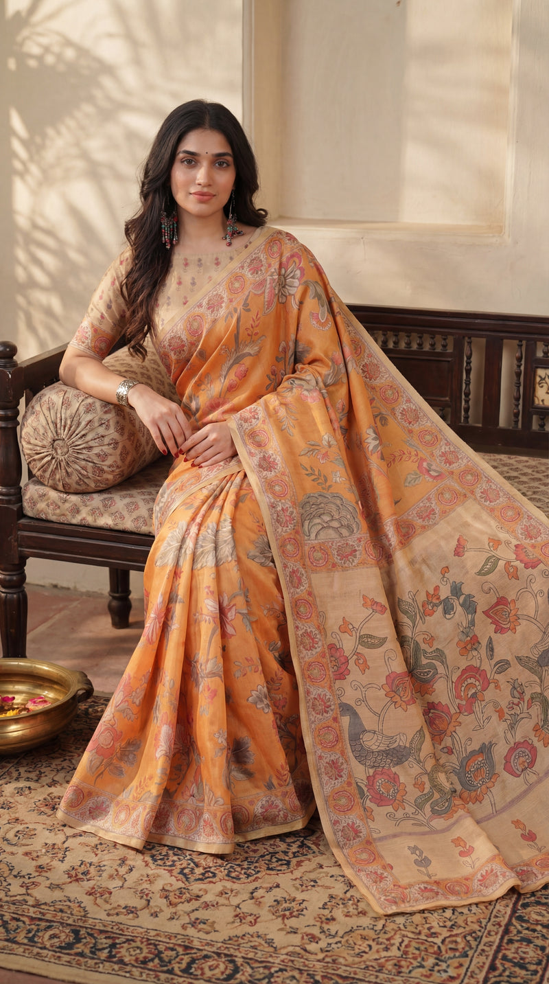 Sunny Mustard with Floral Motifs Linen Cotton Handloom Printed Saree, Delicate Borders, and Tassels