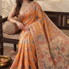 Sunny Mustard with Floral Motifs Linen Cotton Handloom Printed Saree, Delicate Borders, and Tassels