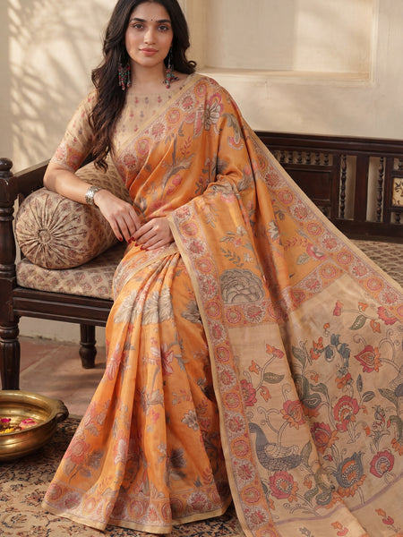Sunny Mustard with Floral Motifs Linen Cotton Handloom Printed Saree, Delicate Borders, and Tassels
