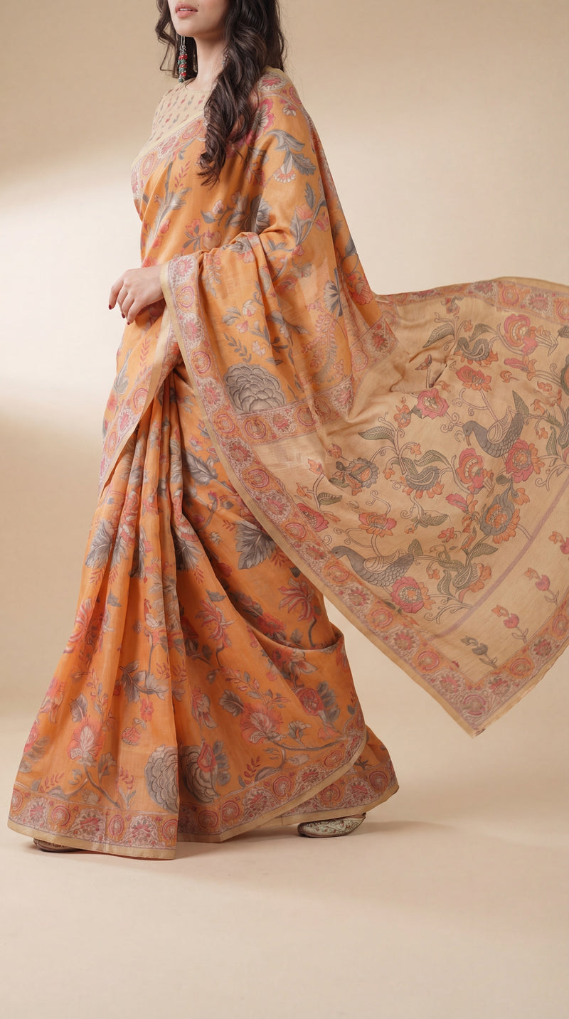 Sunny Mustard with Floral Motifs Linen Cotton Handloom Printed Saree, Delicate Borders, and Tassels