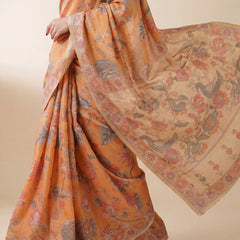 Sunny Mustard with Floral Motifs Linen Cotton Handloom Printed Saree, Delicate Borders, and Tassels