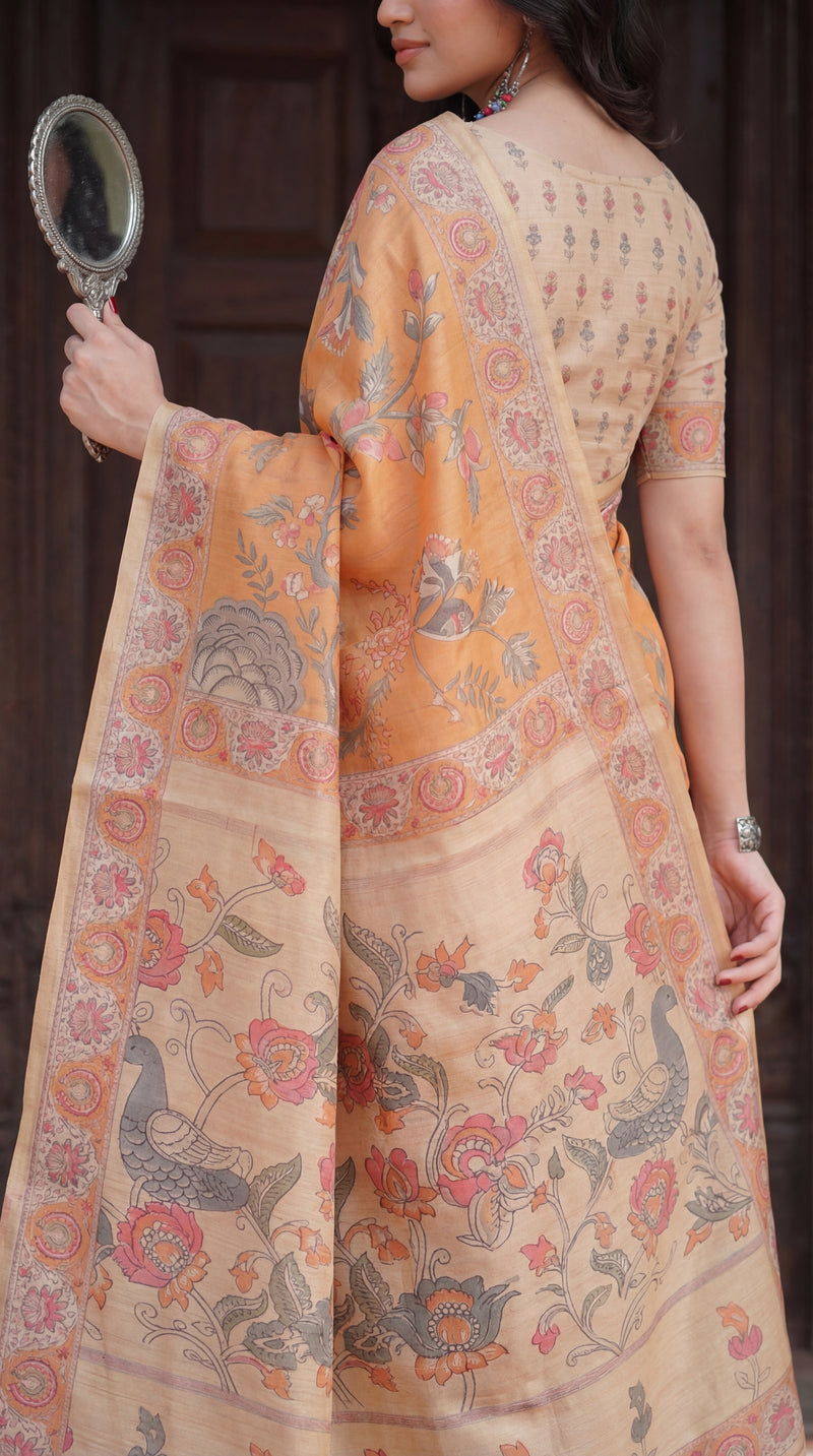 Sunny Mustard with Floral Motifs Linen Cotton Handloom Printed Saree, Delicate Borders, and Tassels