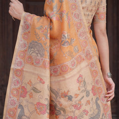 Sunny Mustard with Floral Motifs Linen Cotton Handloom Printed Saree, Delicate Borders, and Tassels