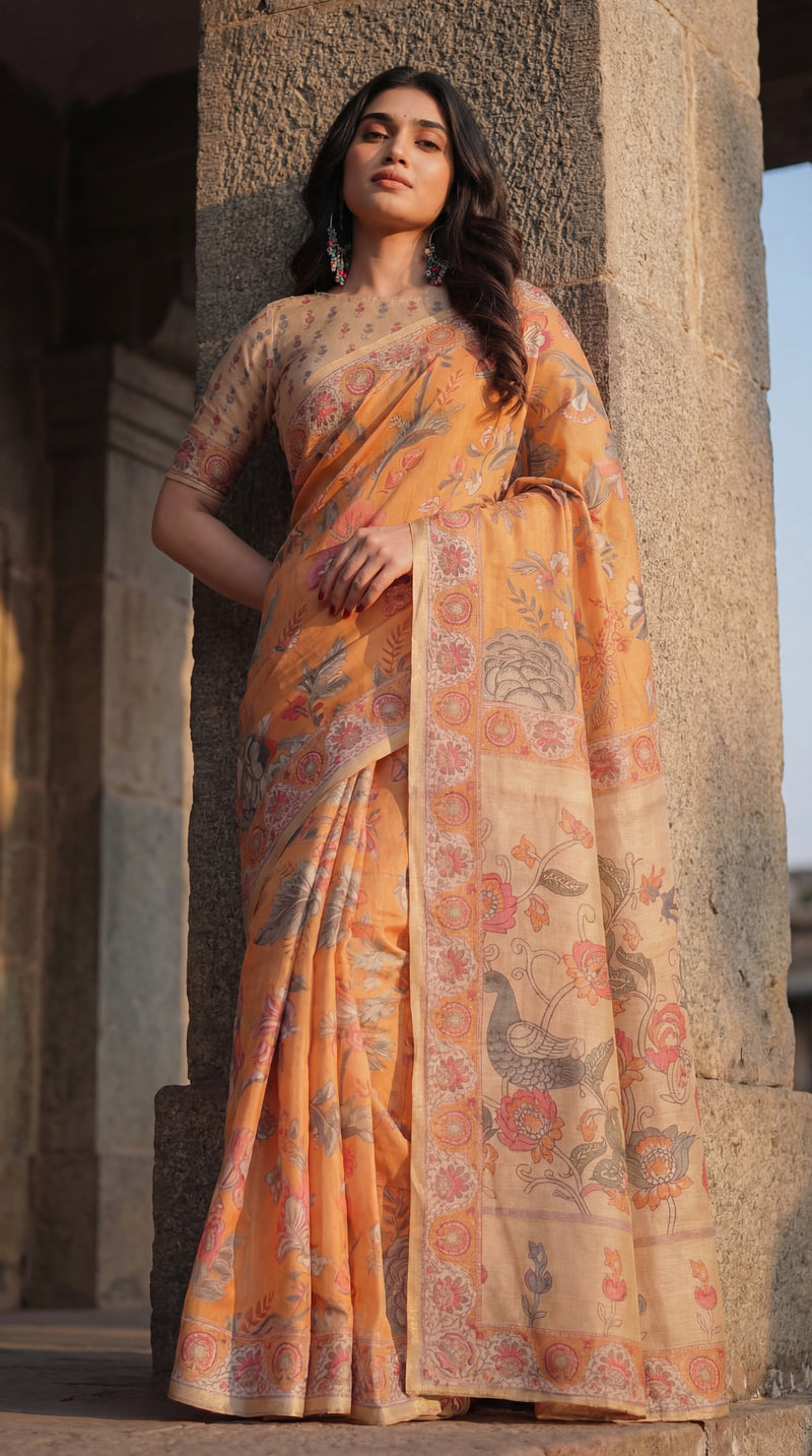 Sunny Mustard with Floral Motifs Linen Cotton Handloom Printed Saree, Delicate Borders, and Tassels