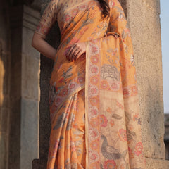 Sunny Mustard with Floral Motifs Linen Cotton Handloom Printed Saree, Delicate Borders, and Tassels